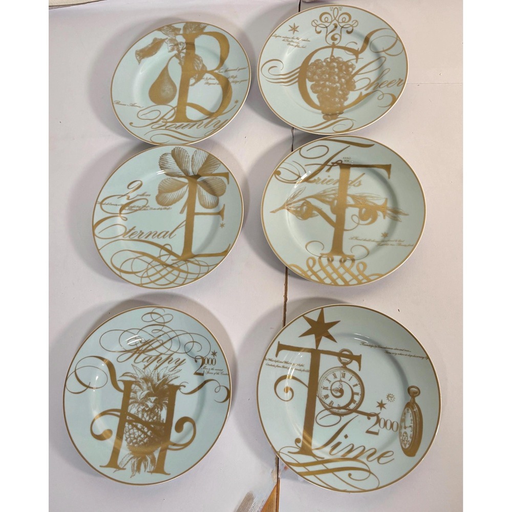 Williams Sonoma Millennium 6 Dessert Plates Blue & Gold Porcelain Y2K New Years
